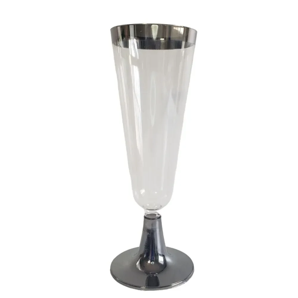 Plastic Stemmed Champagne Flutes Set of 48 Clear with Silver Rim + Base 4 oz New